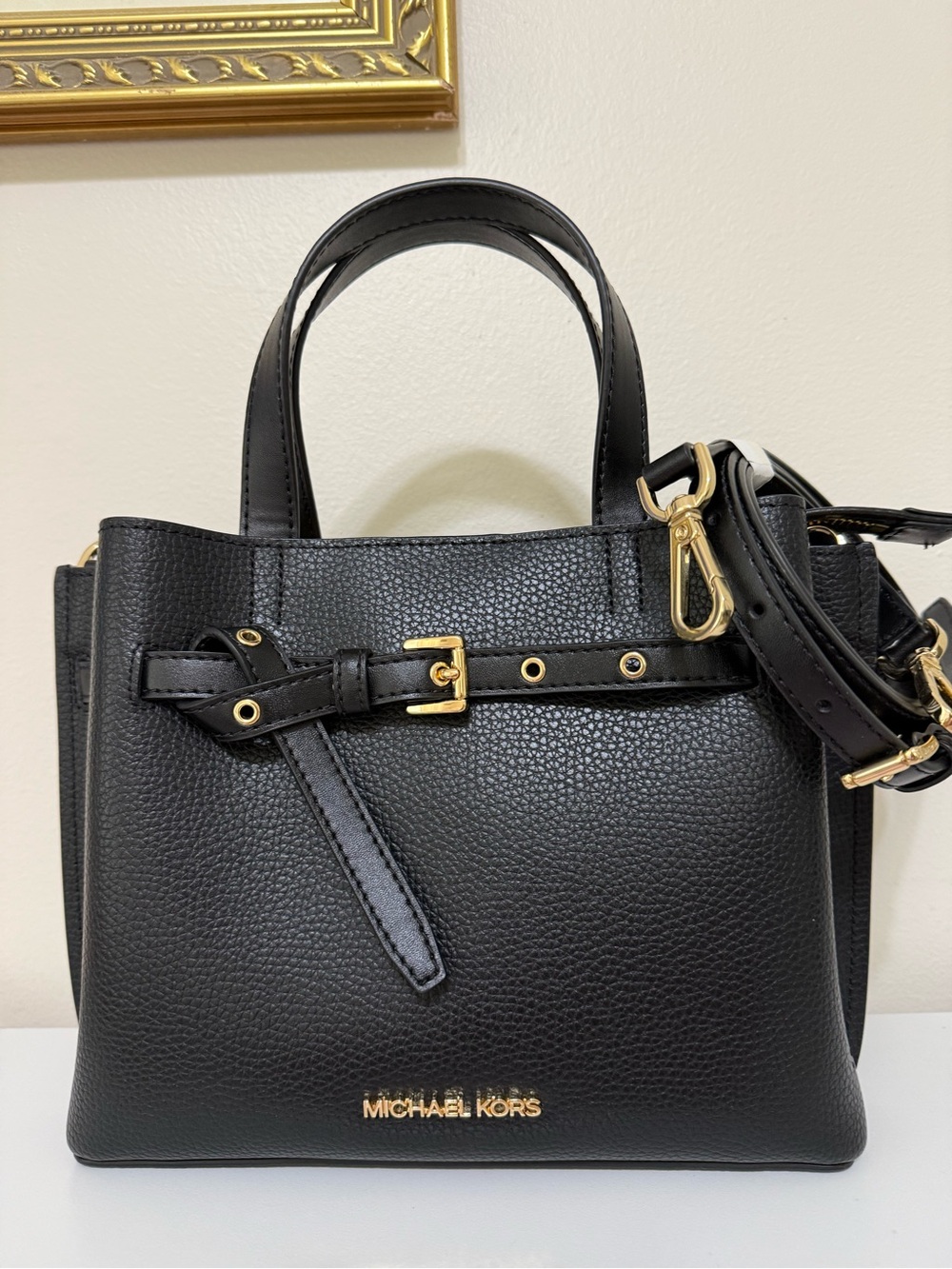 Michael Kors Black Pebbled Leather Satchel with Gold Hardware